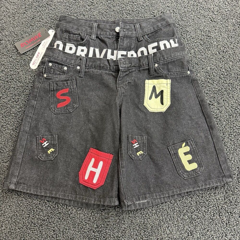 Romwe Shorts XS Size 2 Black Denim Double Waistband Patchwork Graphic HipHop NWT